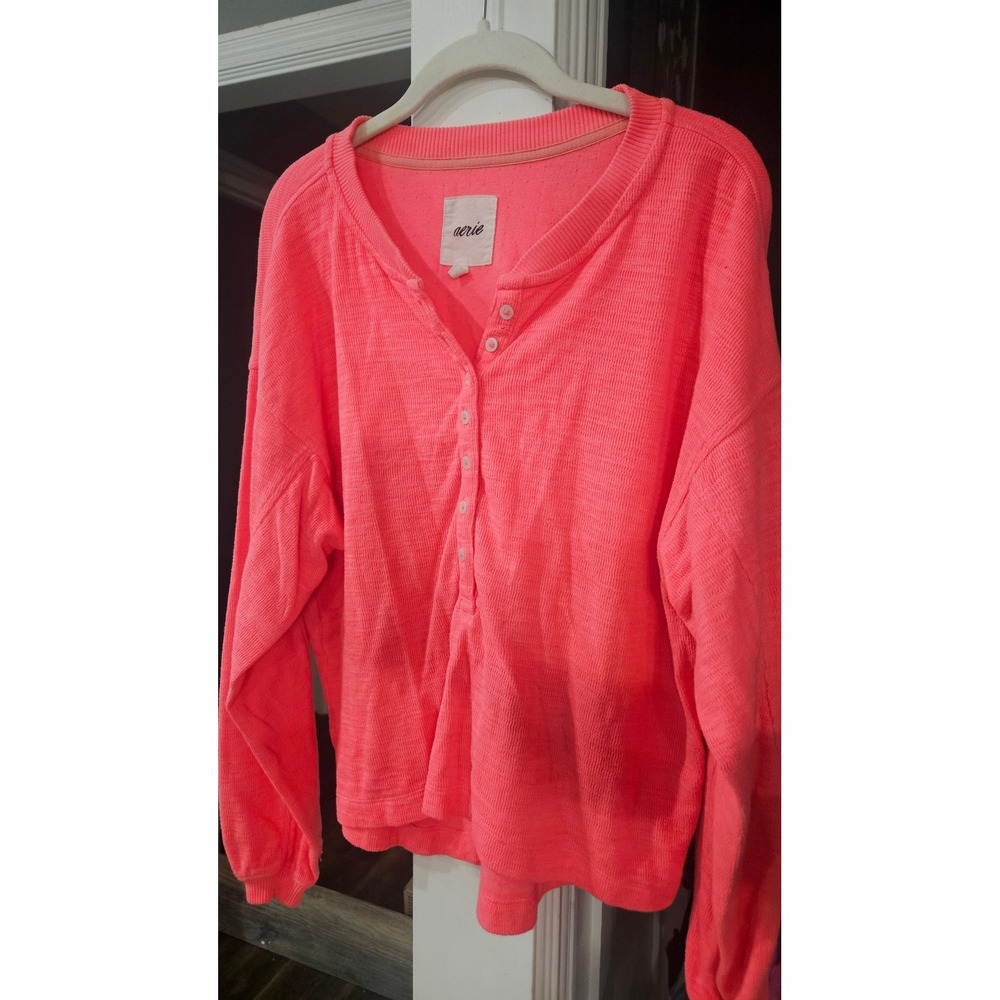 Aerie Womens Neon Coral Pink Textured Waffle Knit Henley Top Long Sleeve Size M